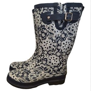 Western Chief Women's Blue Lace Rubber Rain Outdoor Boots Size 8